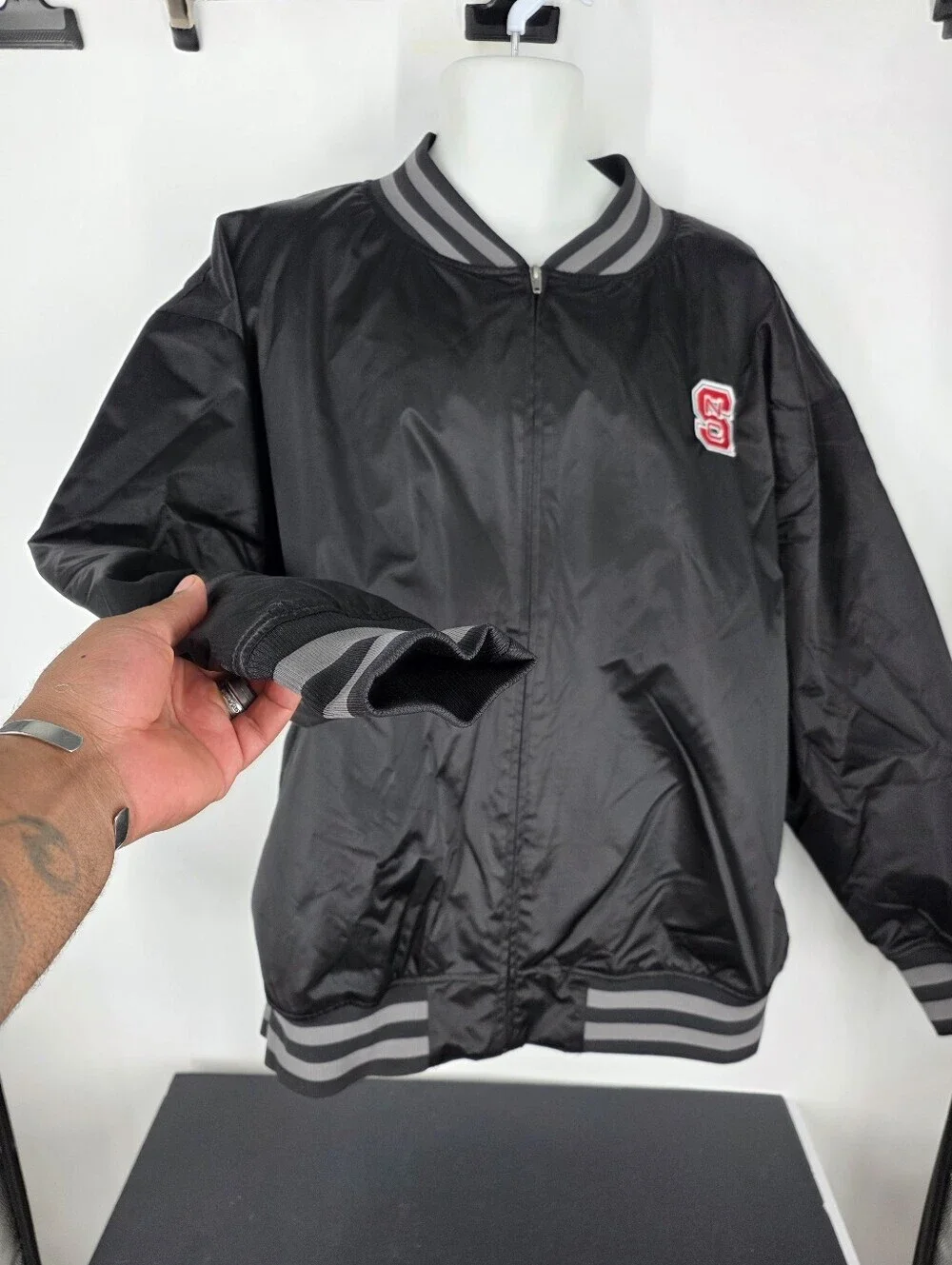 NC State Wolfpack Bomber Jacket Mens 2XL Black Satin Full Zip Rivalry Threads